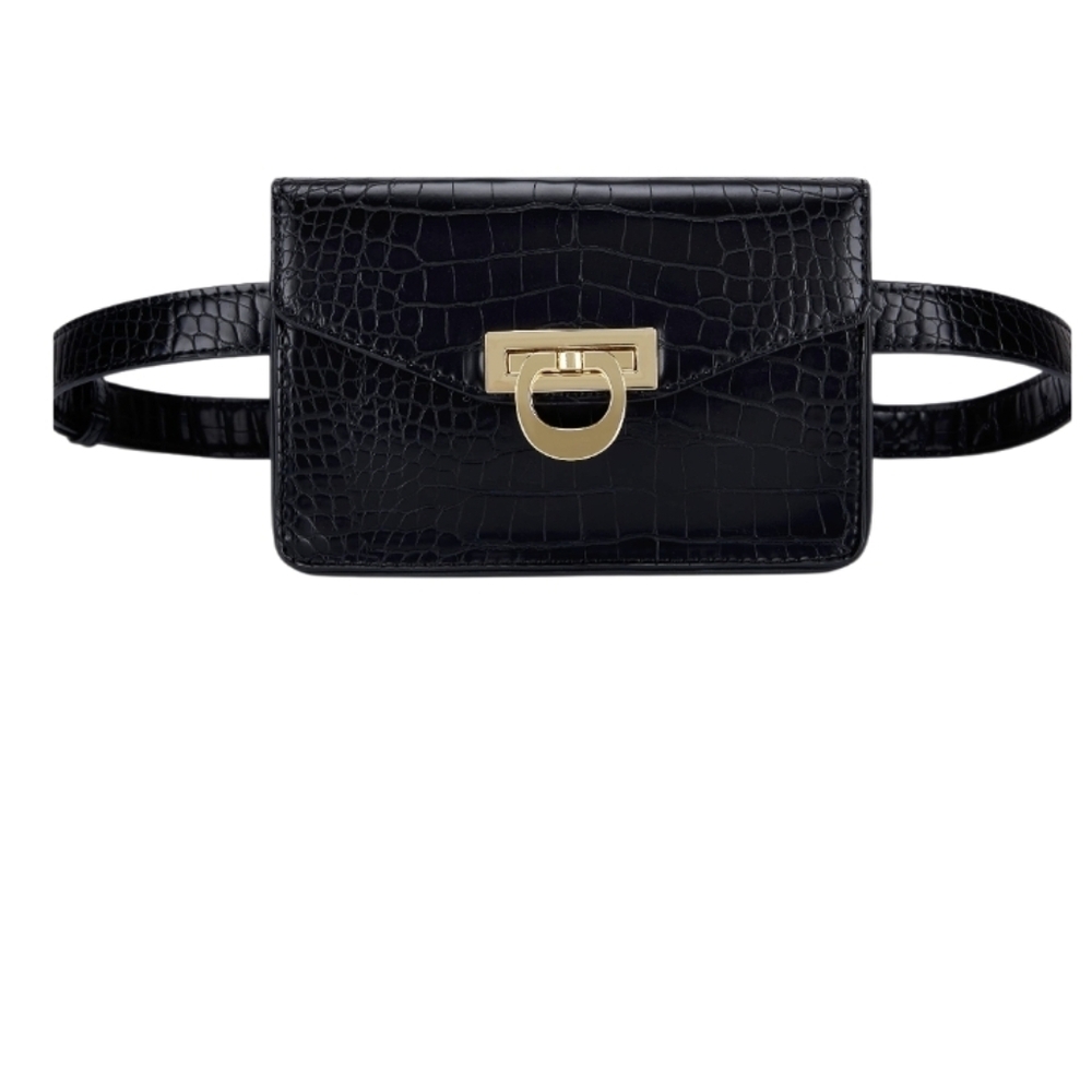 Ecosusi Black Croc-Embossed Belt Bag with Gold Hardware